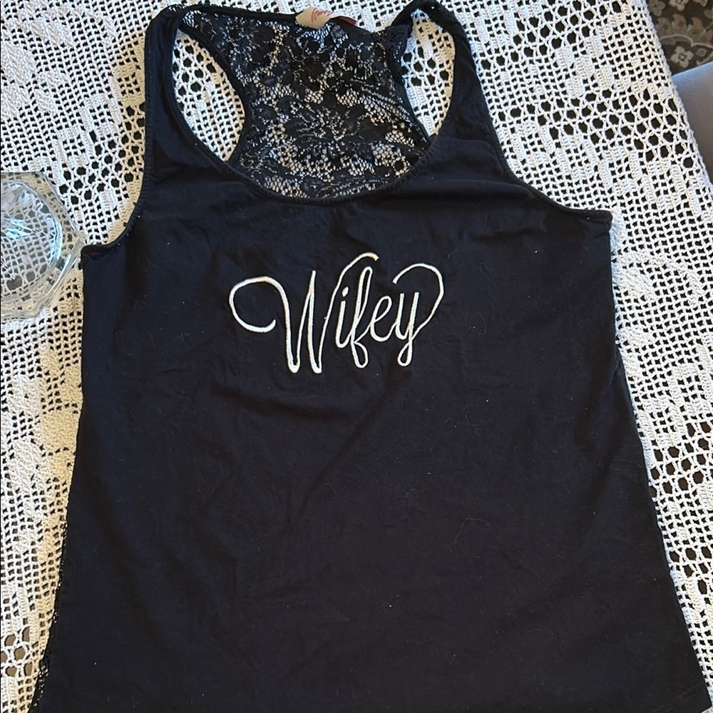 Black 'Wifey' Lace Back Tank Top